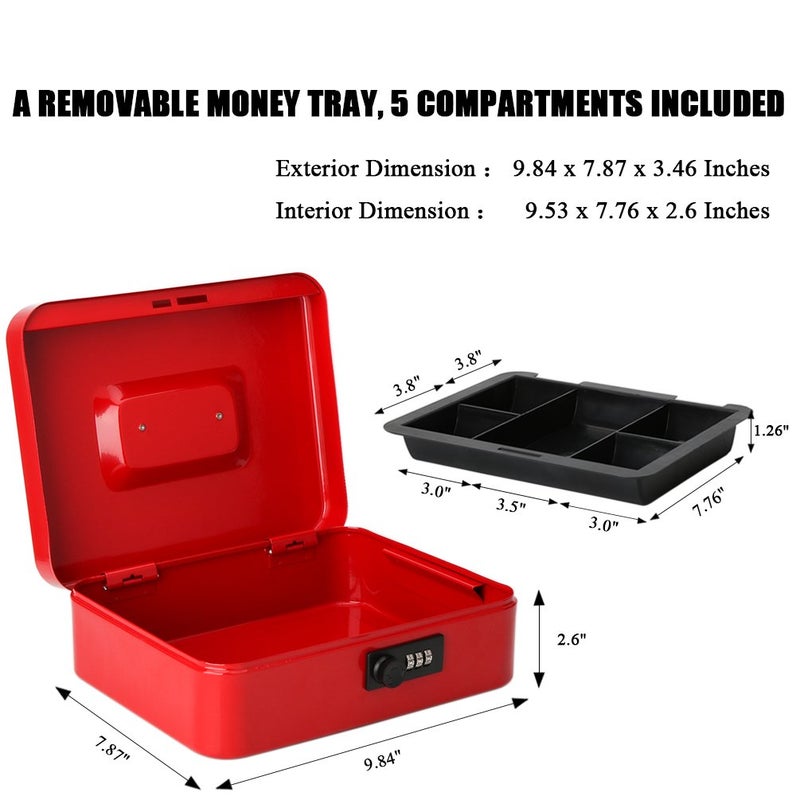 Jssmst Large Cash Box with Combination Lock â€“ Durable Metal Cash Box with Money Tray Red(9.8 x 7.9 x 3.5), SM-CB07003L - Image 3